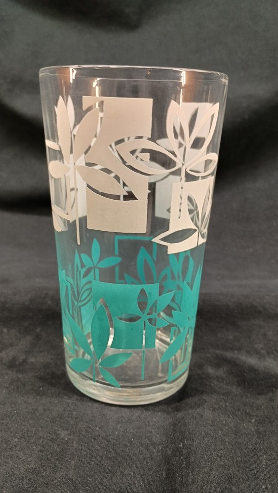 Tumbler Drinking Glass Flowers Teal Blue And White 5 3/8