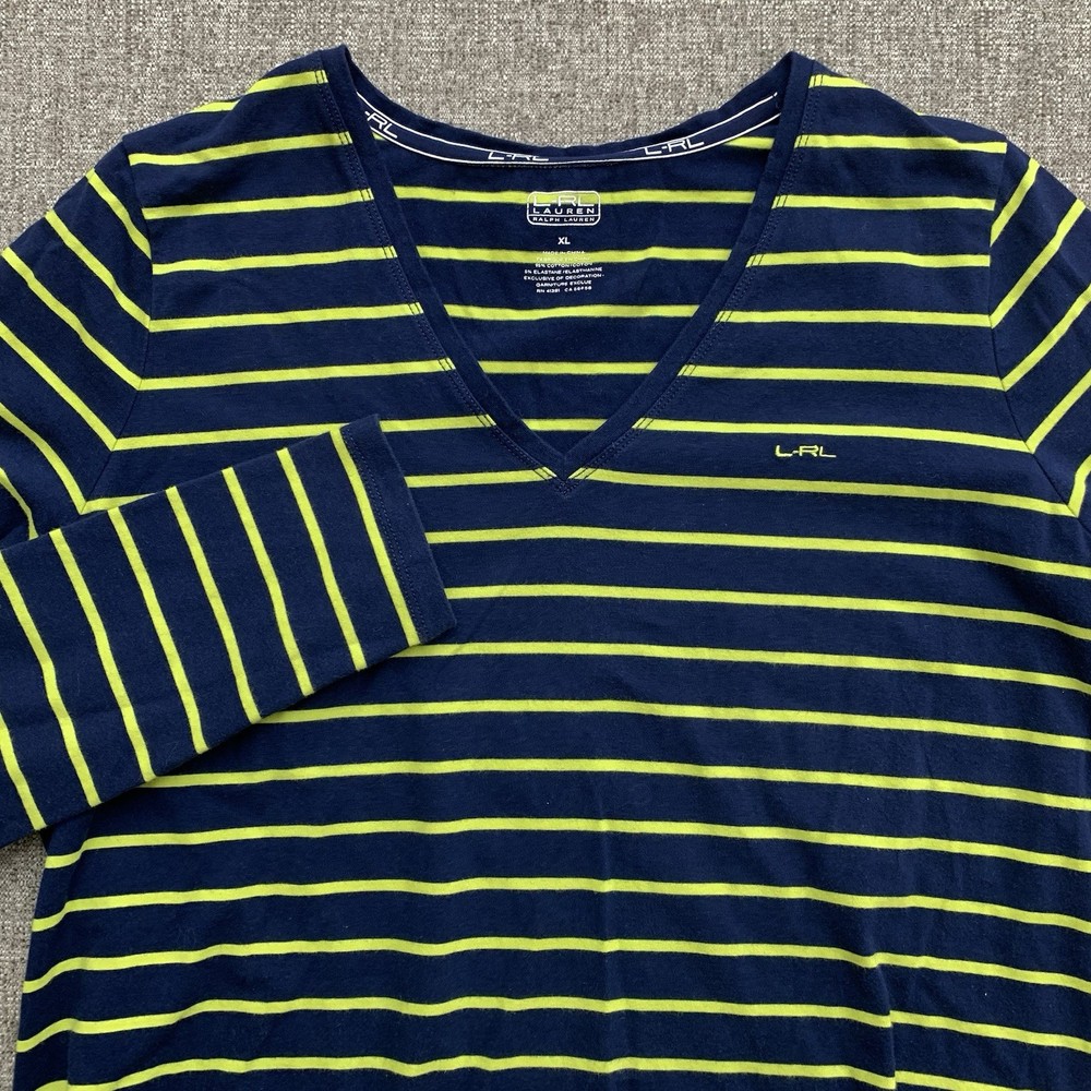Lauren Ralph Lauren Women’s XL Long Sleeve V-Neck T-Shirt Navy Yellow Stripes