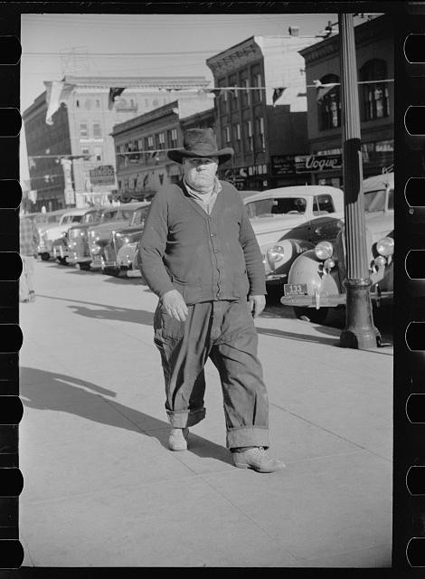 Photo:Downtown Street Man Cowboy Hat Cars 1930s
