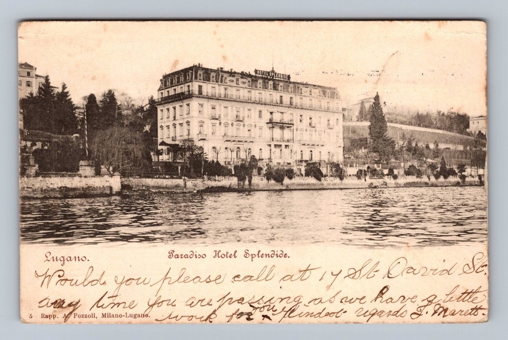 Switzerland- Lugano Lakeside Paradise Hotel Splendid Old Vintage c1914 Postcard
