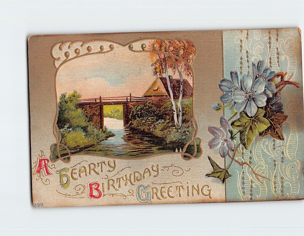 Postcard A Hearty Birthday Greeting Nature Scene Flower Art Print Embossed Card