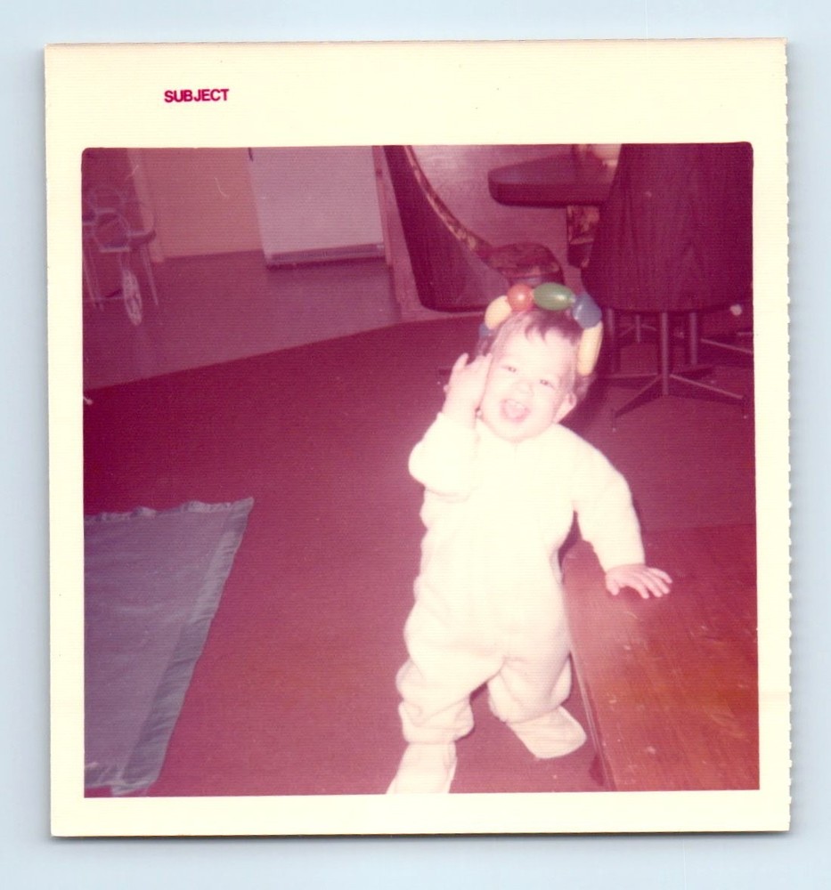 Old Vintage Square Color Photo SOLO TODDLER BOY IN LIVING ROOM FOUND PICTURE