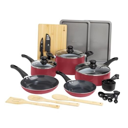 Easy Clean Ceramic Nonstick 26-Piece Red Cookware Set Dishwasher Safe