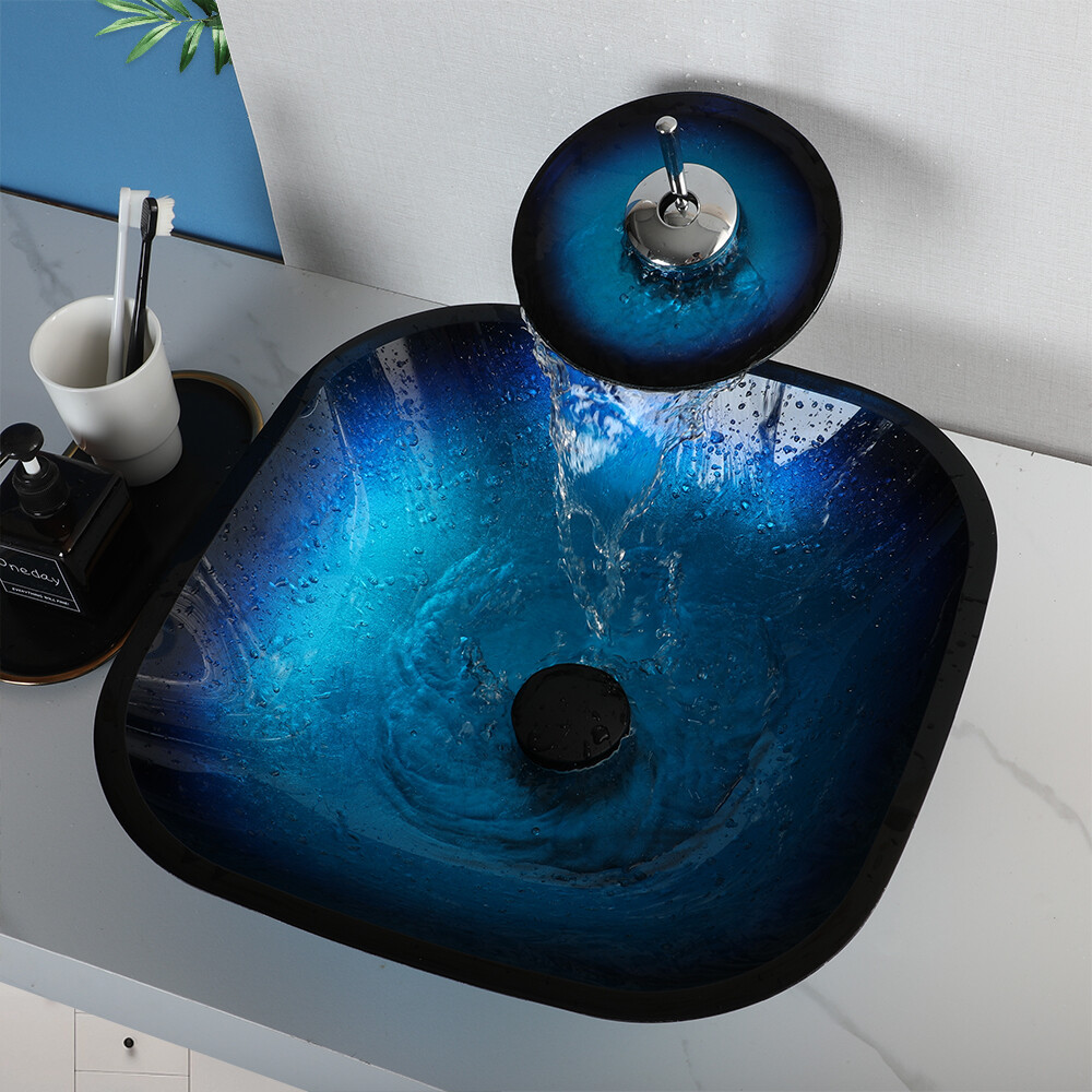 17-Inch Black or Blue Tempered Glass Vessel Sink with Faucet and Drain