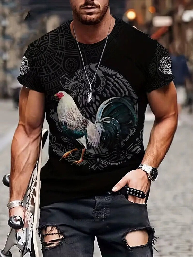 T-Shirt Rooster Mexican Eagle Short Sleeve Men T Shirt Novelty Fashion Silky Tee