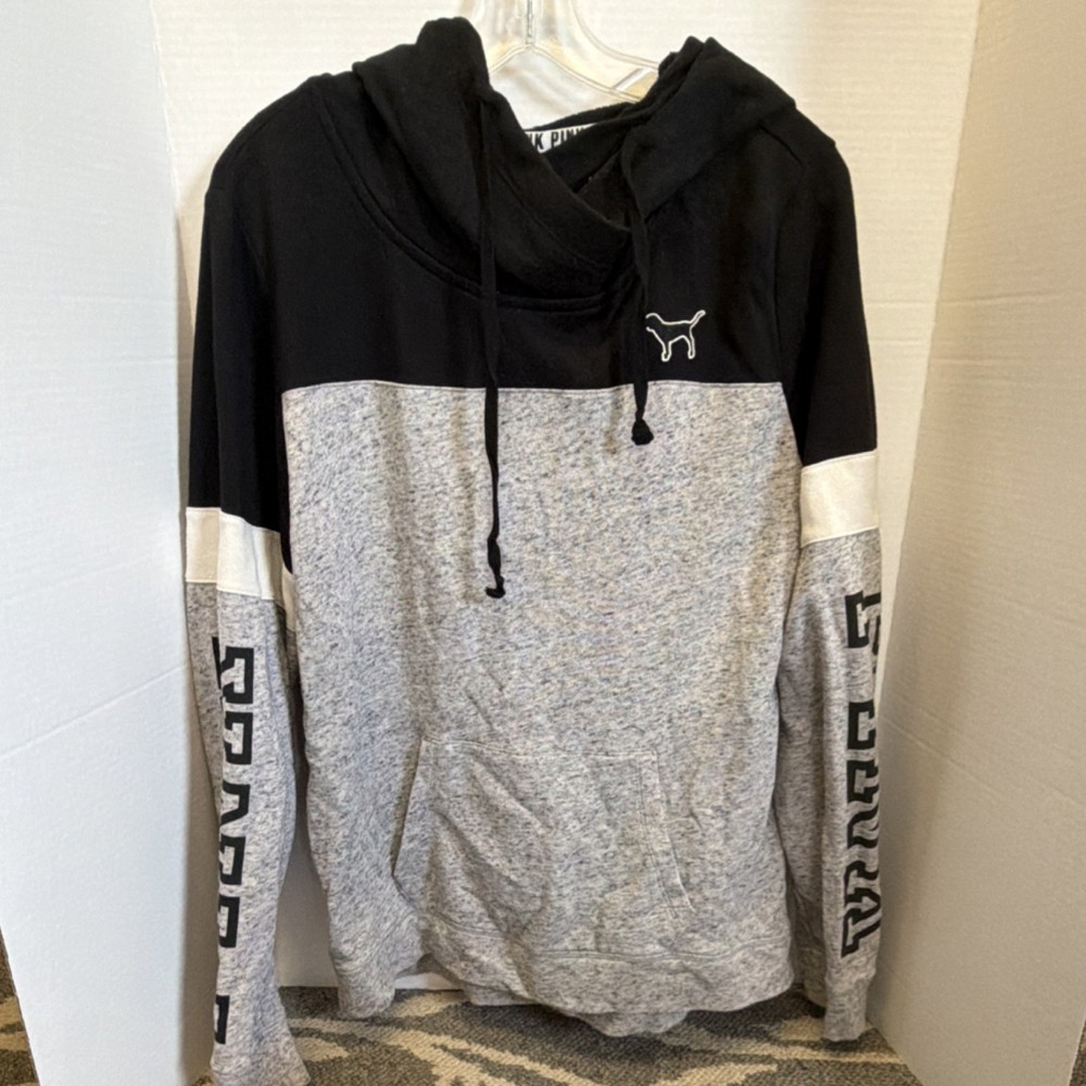 Victoria's Secret PINK Colorblock Pullover Hoodie Gray Black Logo Dog L