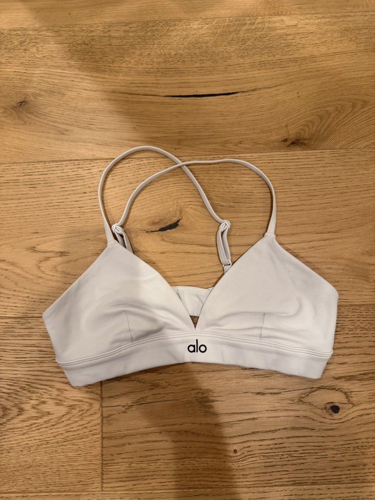 ALO Yoga White Splendor Bra Pullover Wireless Black Logo Accent XS