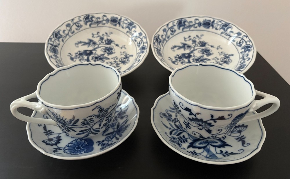 Vintage Blue Onion 6 Pc Lot: 2 Bowls 2 Cups & Saucers Blue Danube Double Phoenix