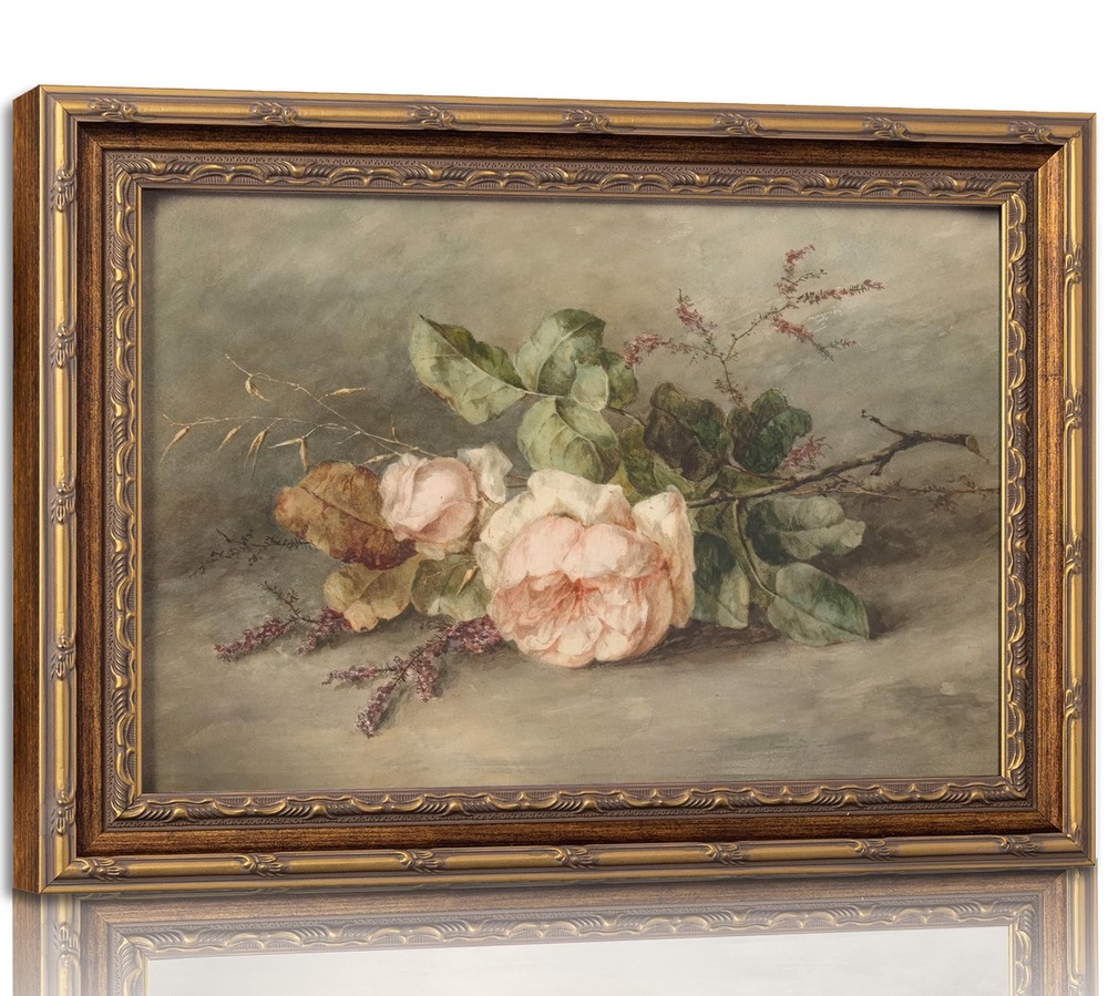 Vintage Gold Framed Flower Still Life Wall Art Retro Rose and Wildflower Wall...
