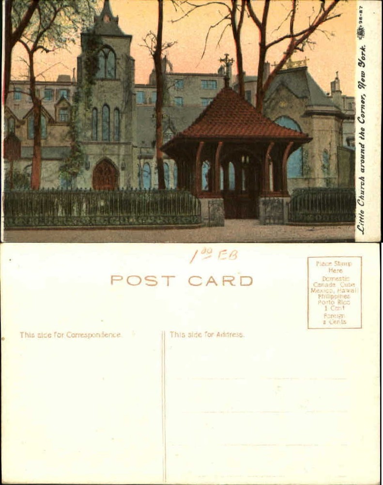 Little Church Around the Corner NY New York City old postcard ca 1910