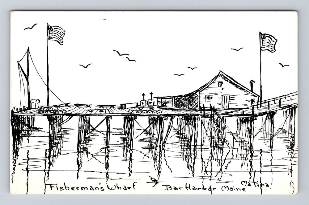 Bar Harbor ME-Maine, Fisherman's Wharf, Antique Vintage Souvenir Postcard