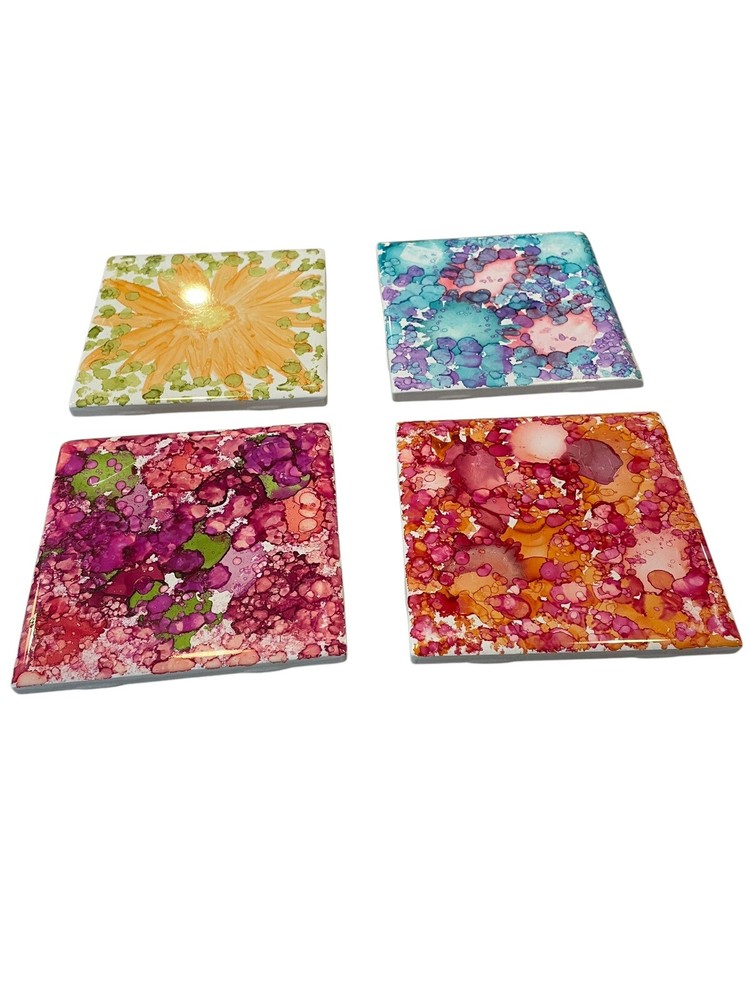 Set Of 4 Alcohol Ink Art Tiles Trivet Drink Holder Colorful