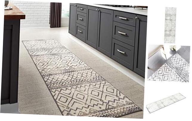 Abstract Diamond Non-Slip Neutral Runner Rug 2.6x10 Modern Distressed Design-image