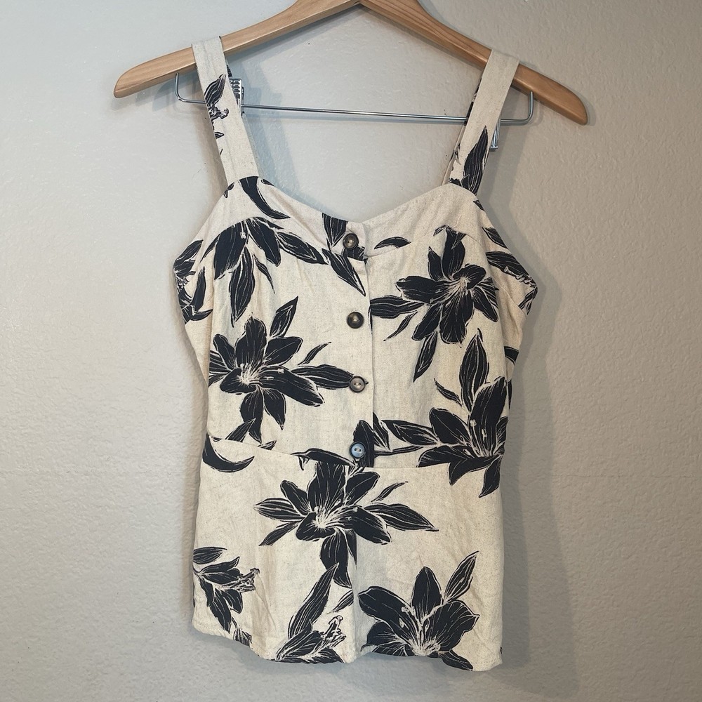 Monteau Womens Medium Cream Black Floral Peplum Top Shirt Cami Linen Blend
