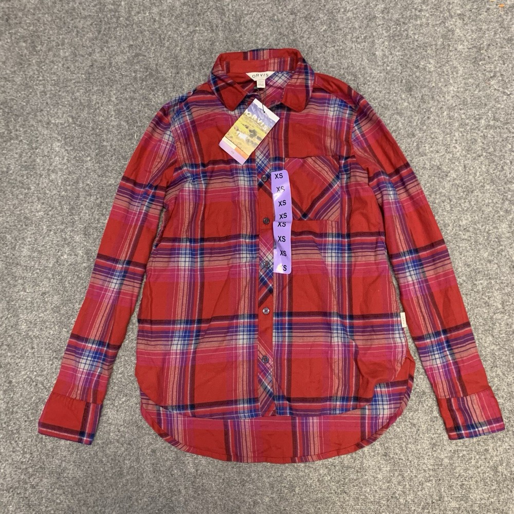 Orvis Women's Red Laurie Plaid Flannel Button Up Long Sleeve Shirt Size XS NWT