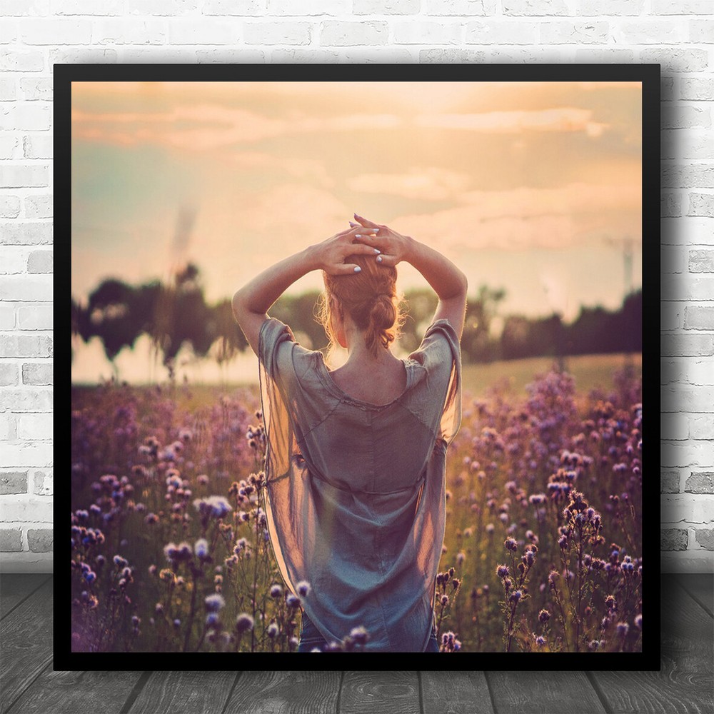 Sunset Summer Mood Portrait Woman Person Emotion Field Meadow Square Print