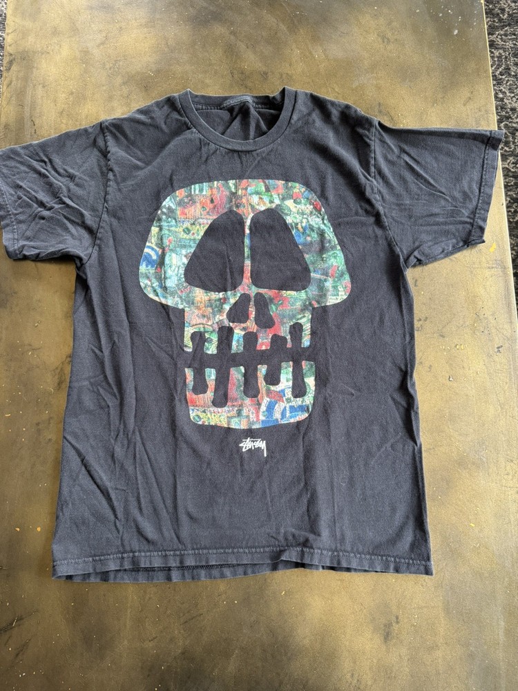 Stüssy Men's Brush Skull Tee Black Graphic T-Shirt NWT Size M
