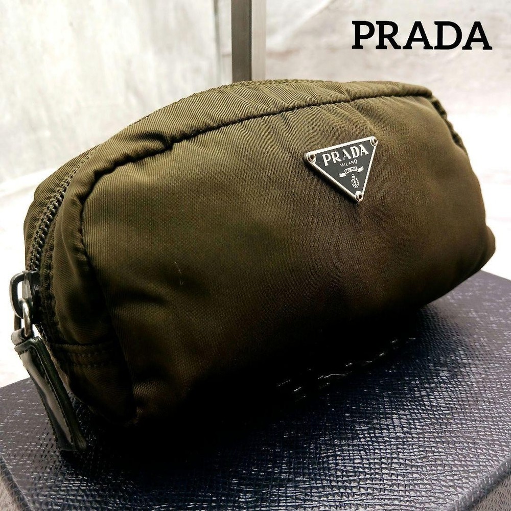 PRADA Tessuto Nylon Khaki Cosmetic Pouch with White Tag NO8