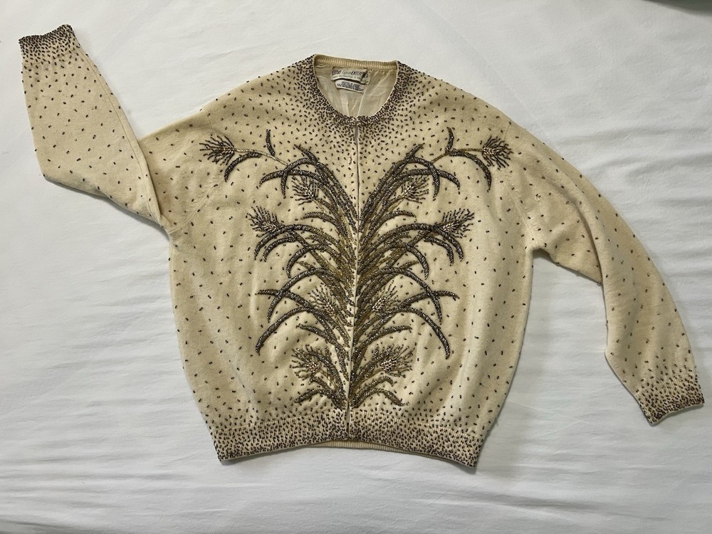 1950s Angora Lambswool Sweater Women Vintage Sweater Metallic Beading