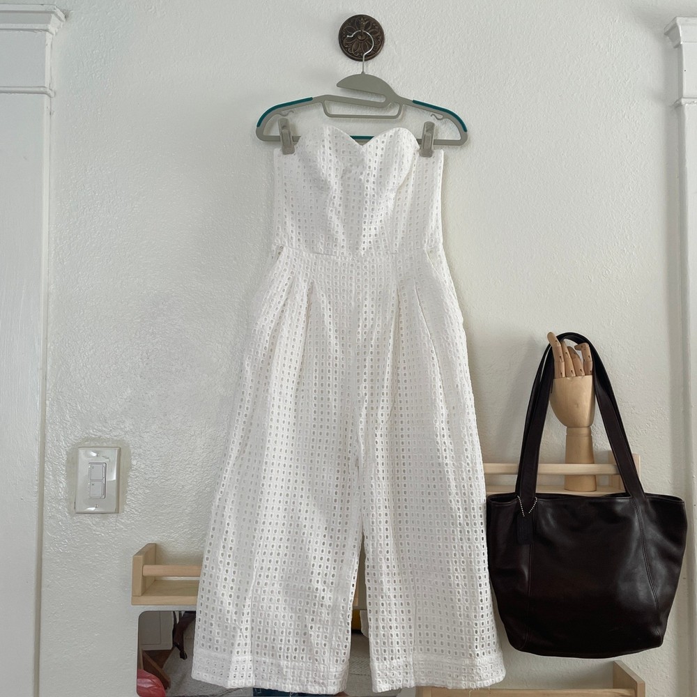 White Eyelet Strapless Jumpsuit Sweetheart Wide Leg White