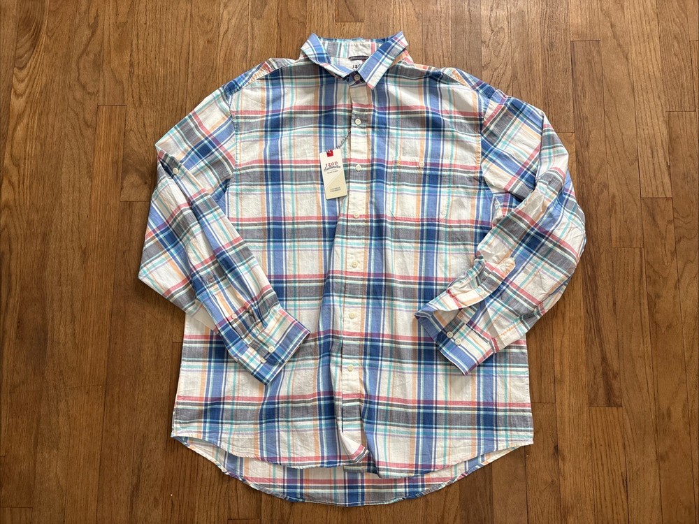Izod Saltwater Dockside Chambray Shirt Men’s XL Plaid Button Up Relaxed Classic