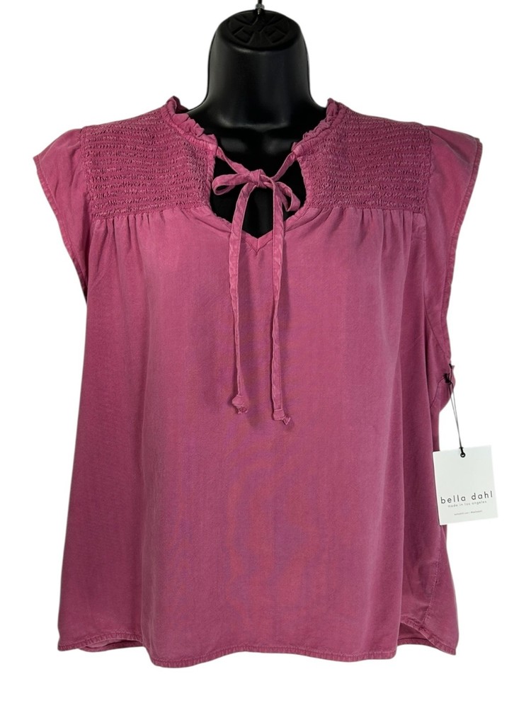 BELLA DAHL Smock Ruffle Top Sz L Fuchsia Pink Flutter Sleeve VNeck Tie Tencel