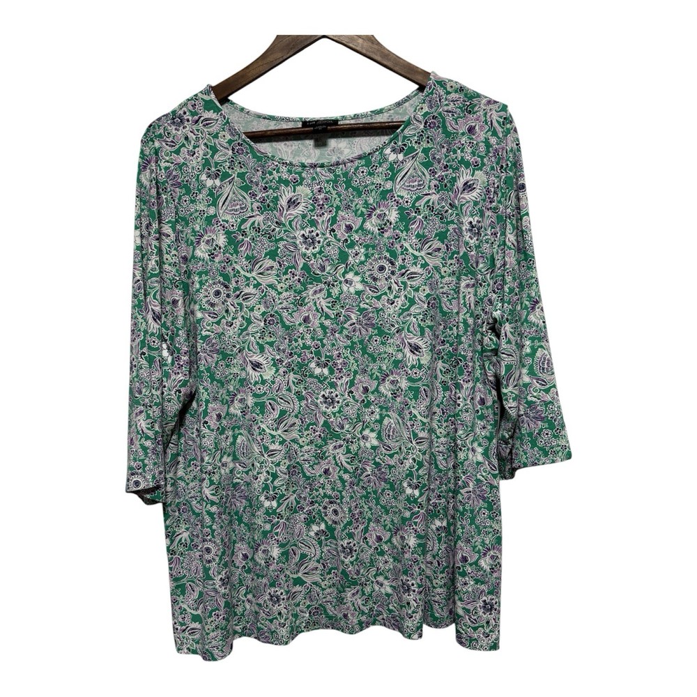J Jill Wearever Tunic Womens XL Green Purple Floral 3/4 Sleeve Stretch Knit Top