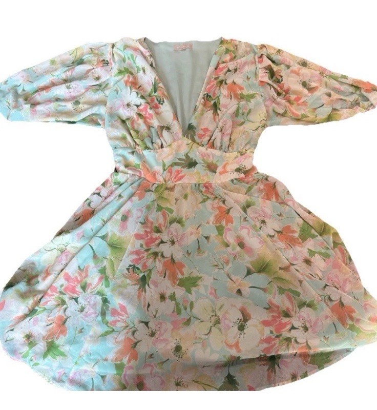 Lovecollette Sophia Floral Flowy Spring V Neck Mini Dress Easter Pastel Women L