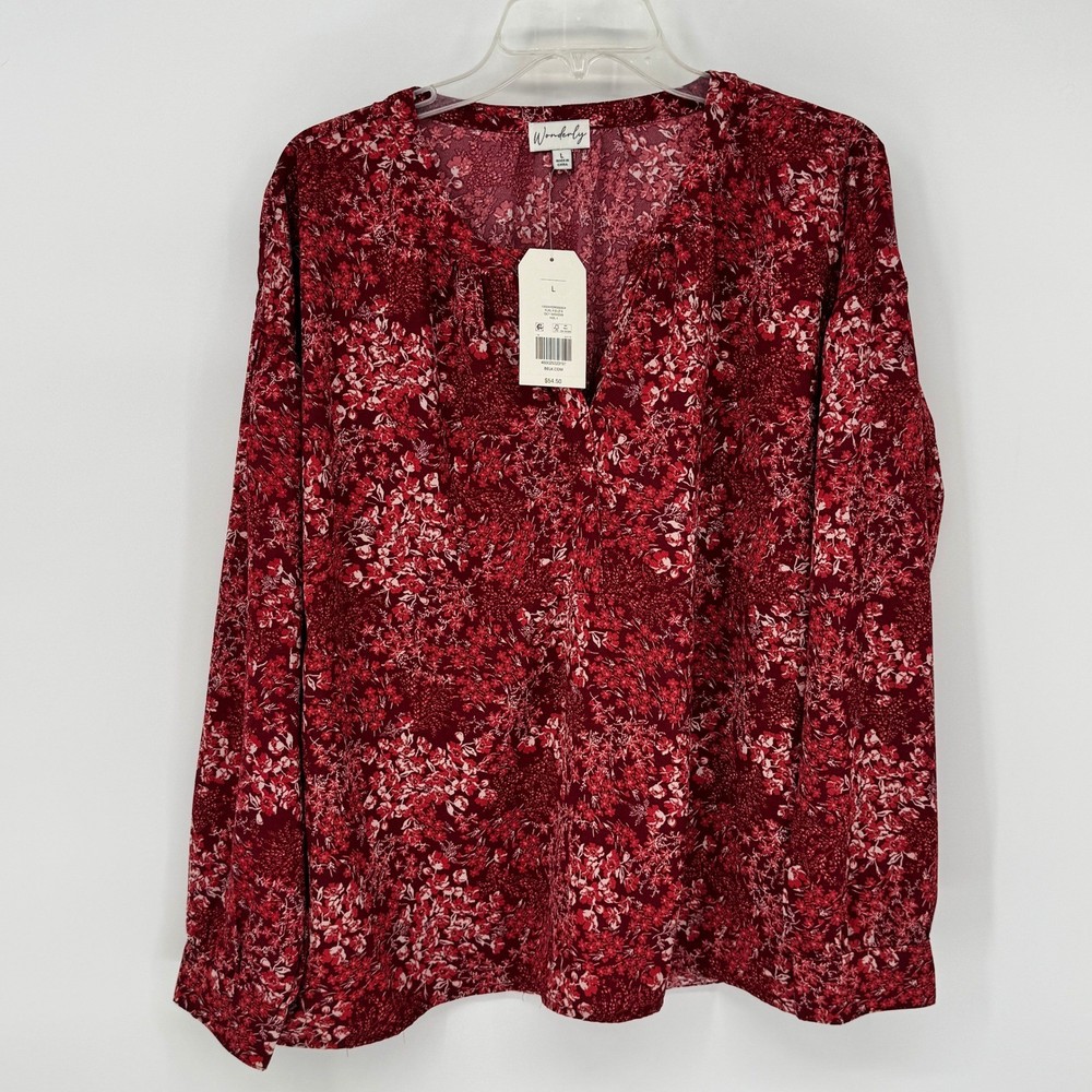 Wonderly Womens Red Floral Print Long Sleeve V Neck Blouse Top Size Large