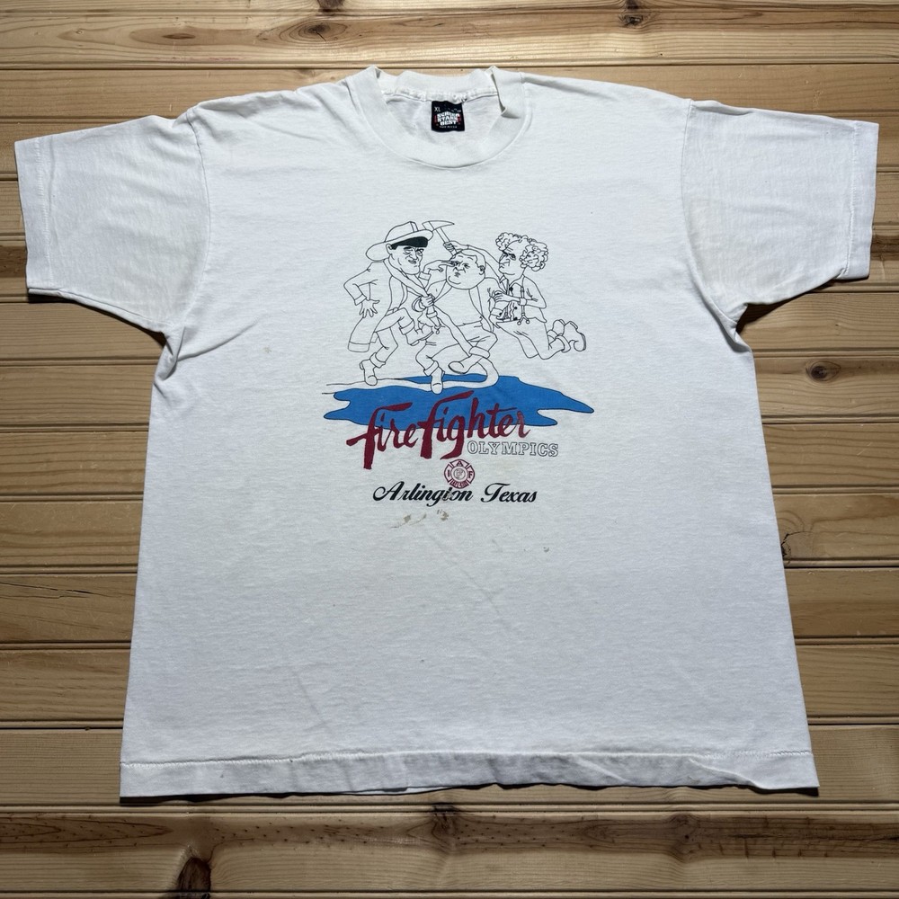 Vintage 80s Firefighter Olympics Arlington Texas Three Stooges Parody Shirt - XL