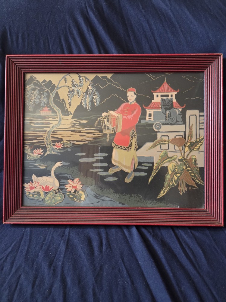 Vintage Asian Enamel Art Painting in Rare Red Striped Frame
