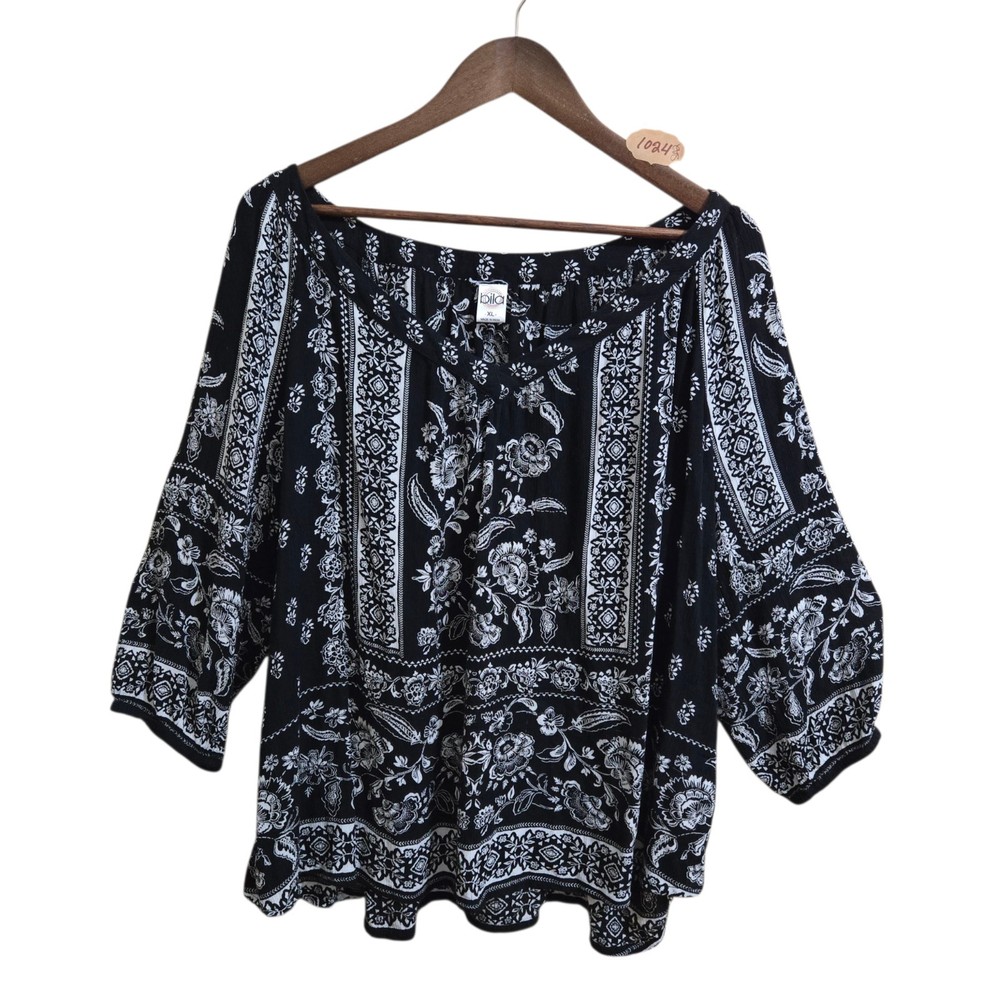 Bila Women's Blouse Size XL 3/4 Sleeve Black White Boho Floral V Neck