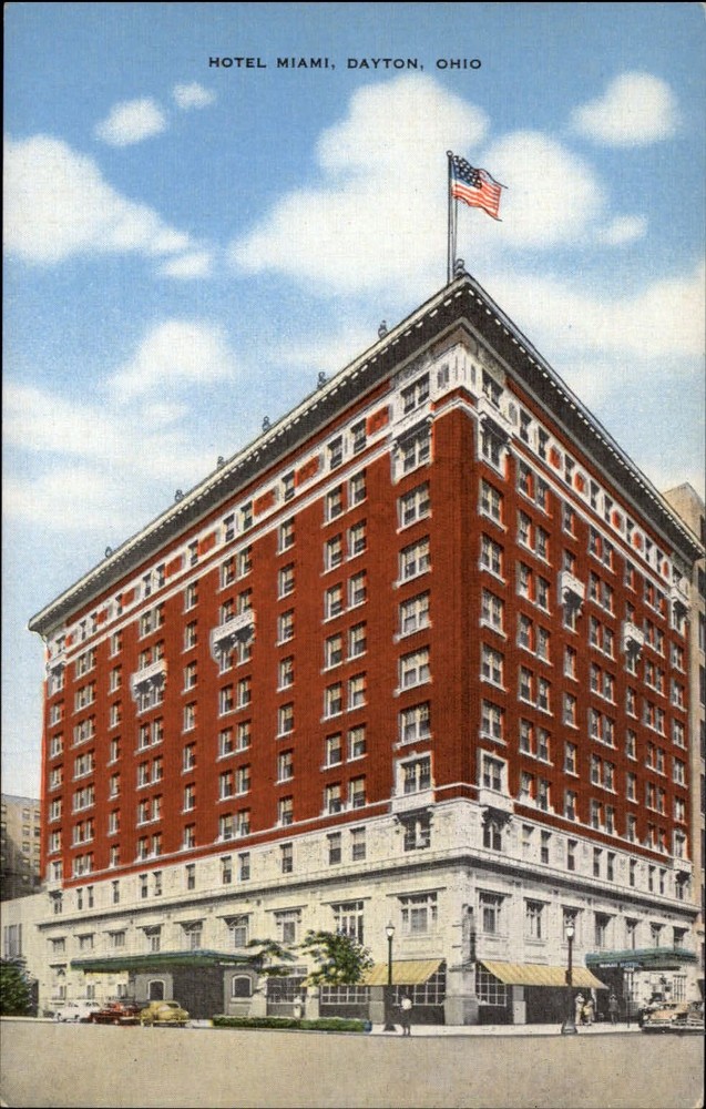 Hotel Miami Dayton Ohio flag vintage cars ~ 1940s linen postcard