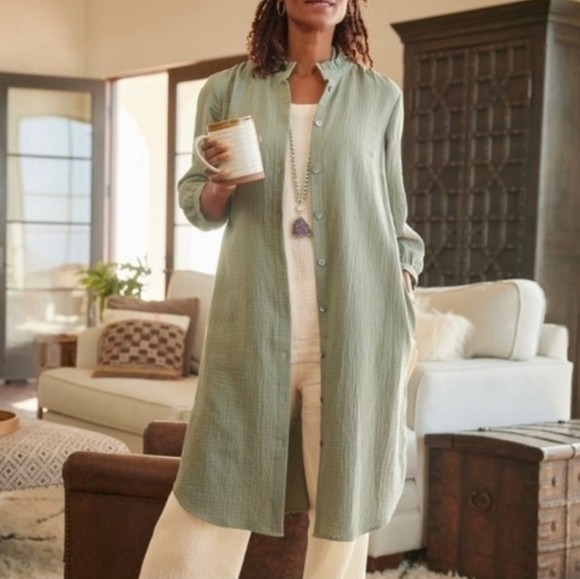 Soft Surroundings Plus Size 2X Big Sur Cotton Gauze Shirt Dress In Olive Green
