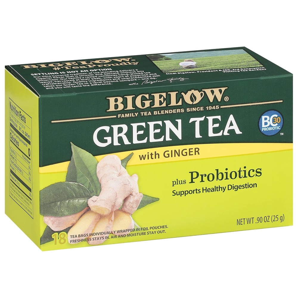 Bigelow Green Tea with Ginger & Probiotics, 18 Tea Bags Pack of 6