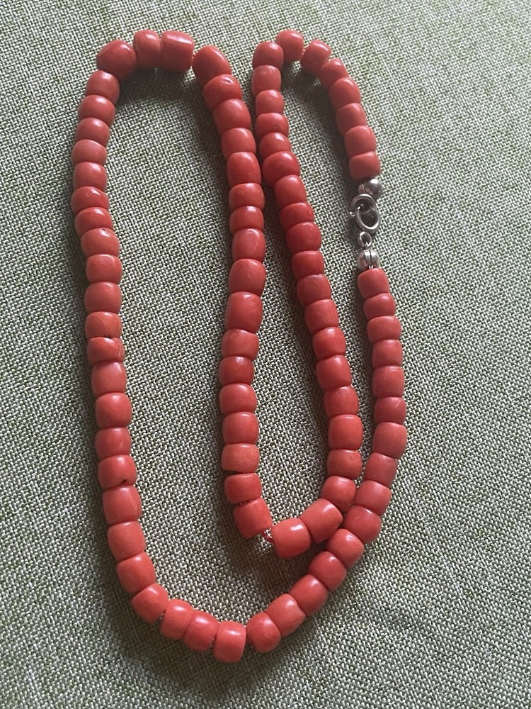 Antique Original Rare Orange Coral Beads Necklace with Sterling Silver