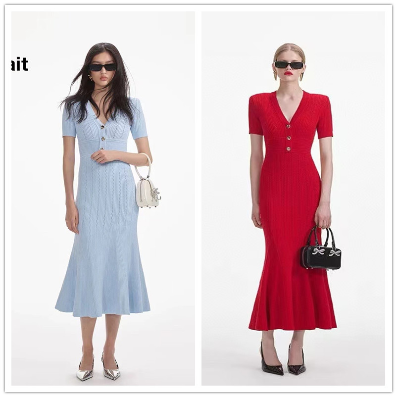 Self-Portrait Women's V-neck Mesh knit short-sleeved fishtail dress