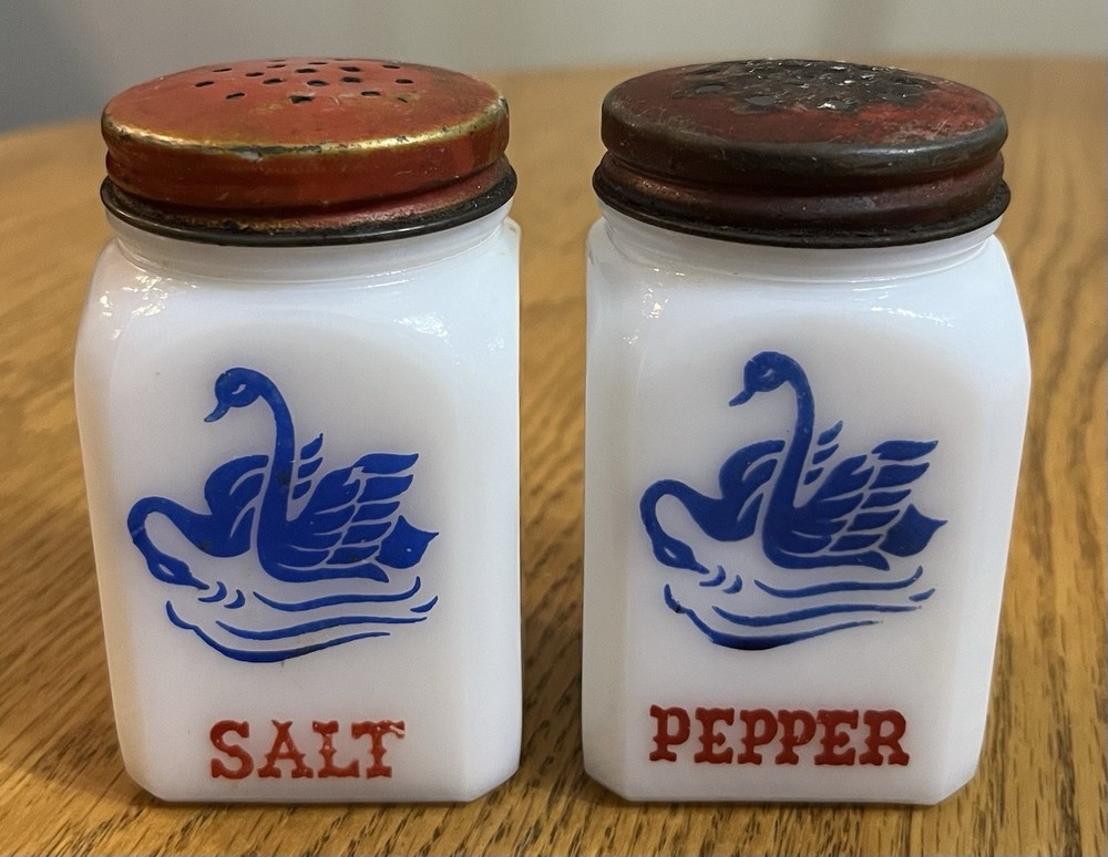 Vintage McKee Blue Swans Salt & Pepper Shakers White Milk Glass Made in USA