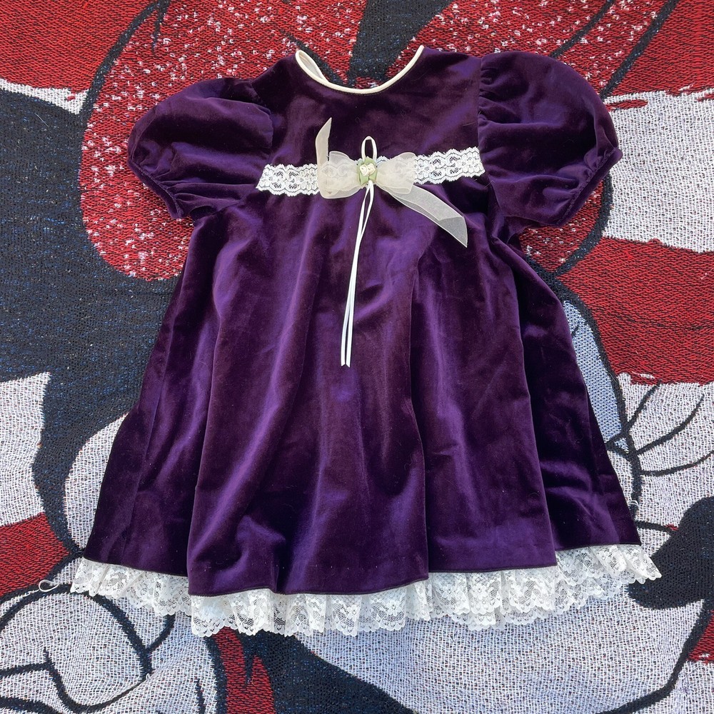 VTG ITS TOO RARE PURPLE VELOUR LACE BOW ACCENT HOLIDAY CHRISTMAS DRESS SIZE 3T-image