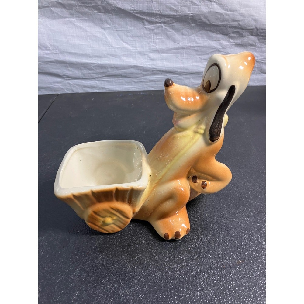 Vintage Disney Pluto Ceramic Planter Dog with Cart Figurine Succulent Pot