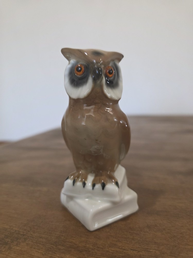 Vintage Owl Figurine Glass Eyes Sitting on Books Golden Crown E&R West Germany