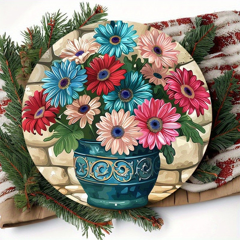 Bright Daisy Bouquet in Teal Pot Round Wall Sign 787 Inch Aluminum