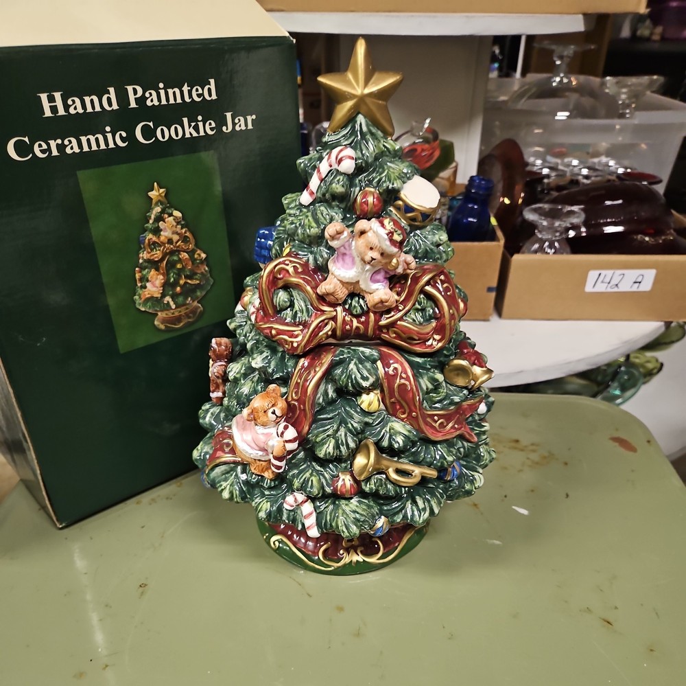 Vintage Ceramic Christmas Tree W/Bear Cookie Jar: Handpainted w/Original Box-