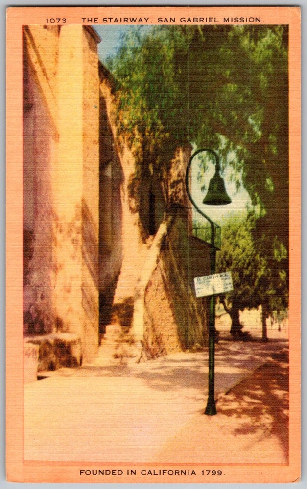 Vtg Linen Postcard Mission Stairway Exterior San Gabriel, CA 1930s