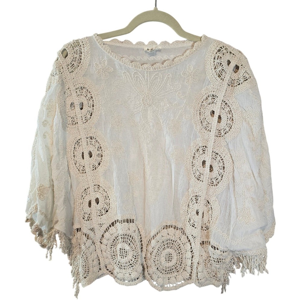 POL Womens Cream Crochet Embroidered Fringe Boho Gauze Top One Size