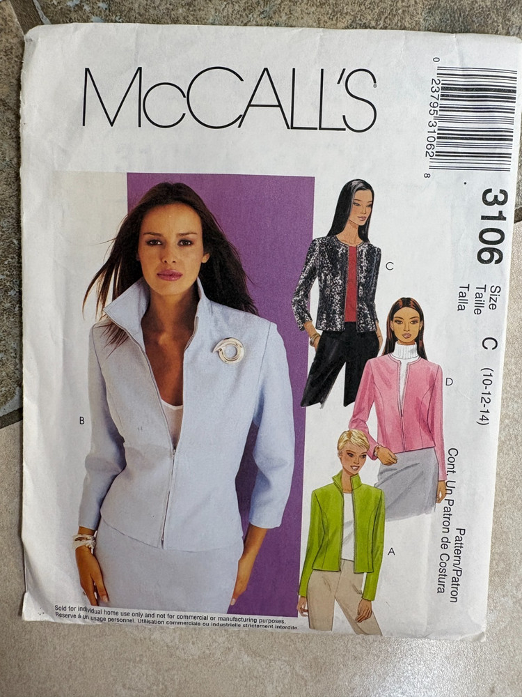 McCalls 3106 sewing pattern: Misses fitted zippered jacket, Sizes 10-14 UNCUT