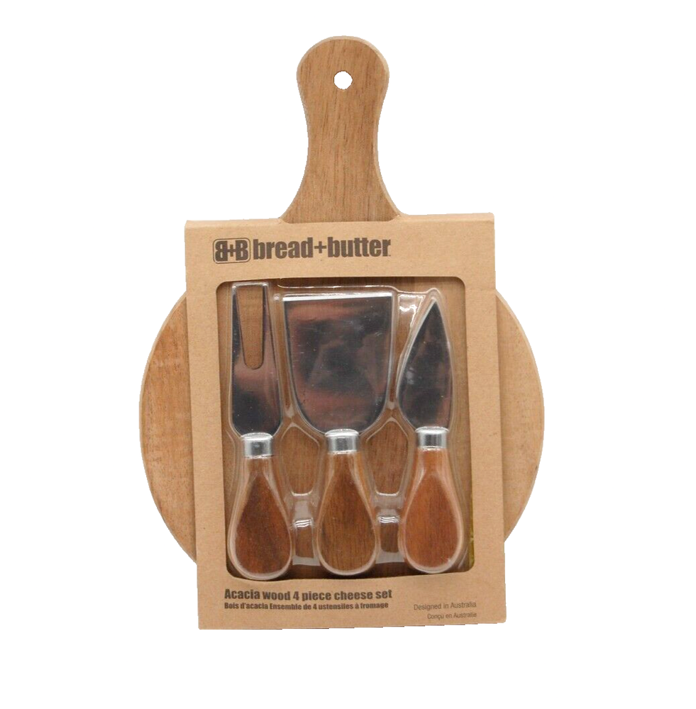 Acacia wood 4 piece cheese board set knives fork wooden NEW B+B Bread + Butter-image