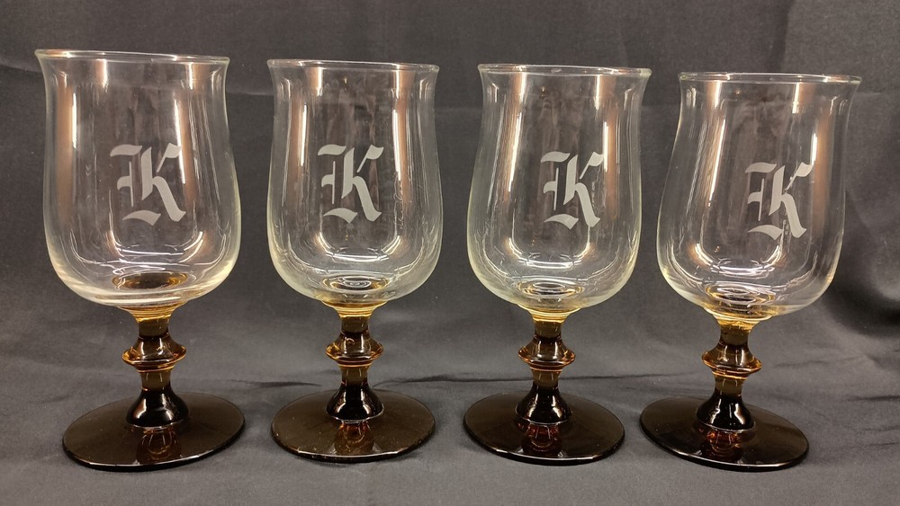 Vintage Libbey Two-Tone Tulip Brown Wine Glasses Pedestal Etched K Excellent Condition  