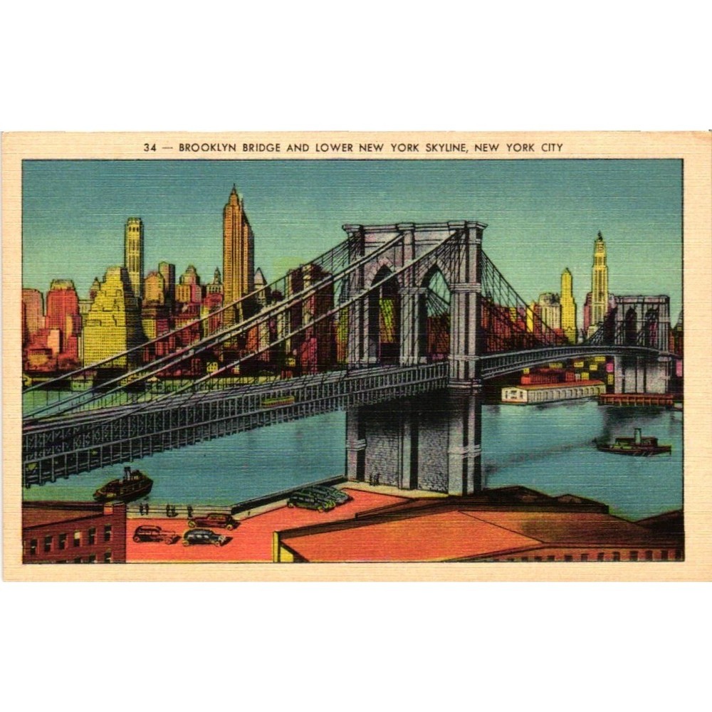 Brooklyn Bridge and Lower New York Skyline Vintage Linen Postcard –New York City