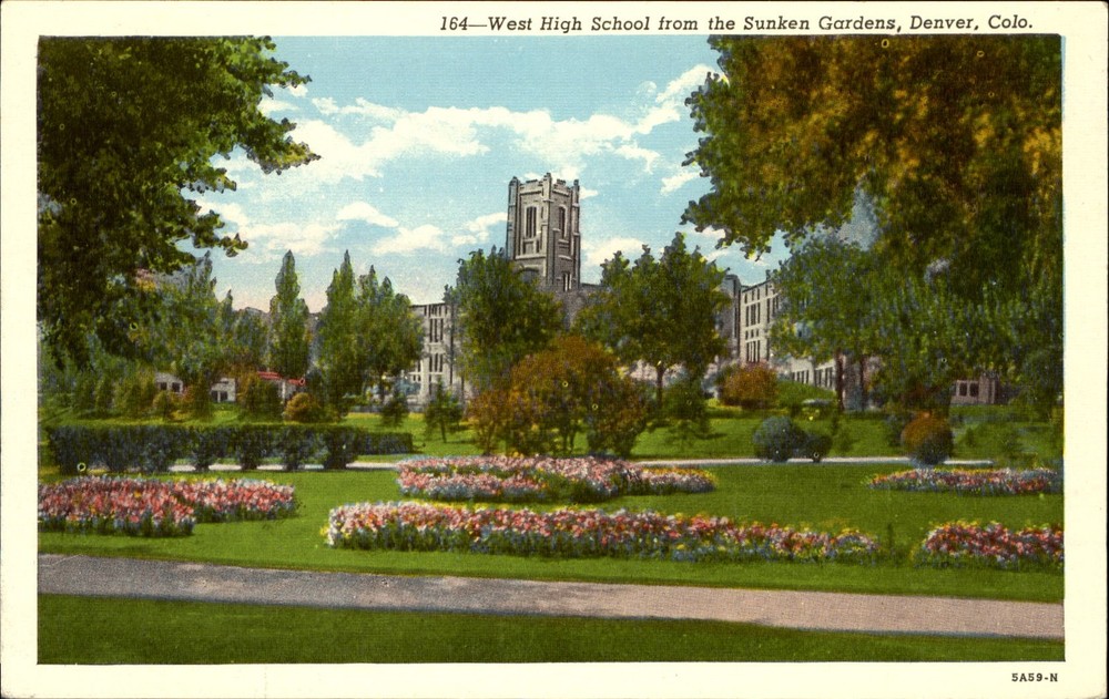 West High School from the Sunken Gardens~Denver Colorado ~1940s vintage postcard